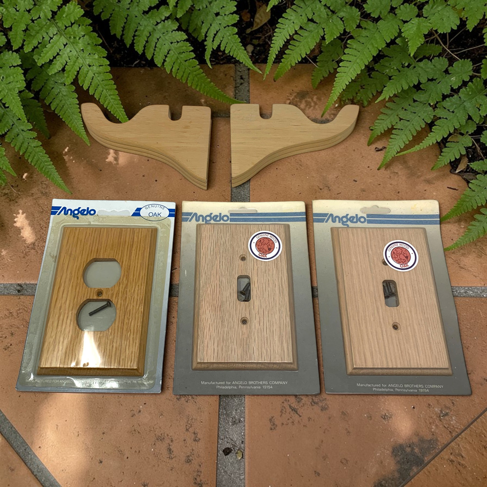 NEW Angelo Oak Wood Triple Switch Outlet Cover Wall Plates Curtain Brackets 5 Pc